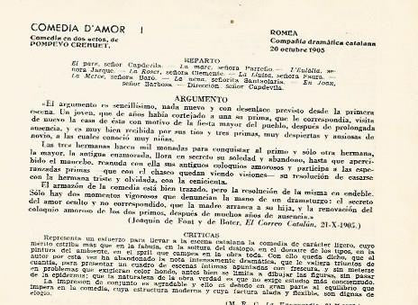 LAMINA 2490: Reparto argumento y criticas de Comedia d Amor. Romea 20 octubre 1905