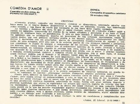 LAMINA 2491: Criticas Comedia d Amor. Romea 20 octubre 1905