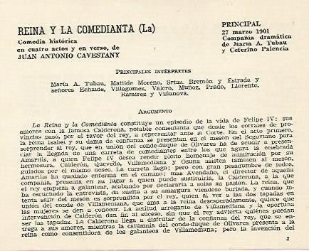 LAMINA 2494: Reparto y argumento de La Reina y la Comedianta. Principal 27 marzzo 1901