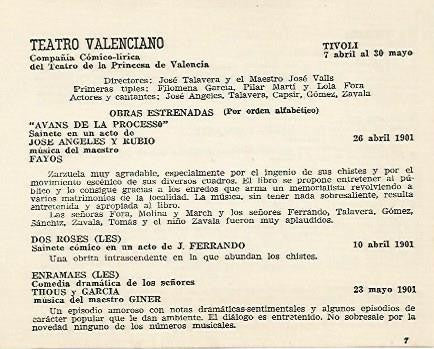 LAMINA 2498: Obras estrenadas por la compañia Teatro Valenciano en El Tivoli. 1901