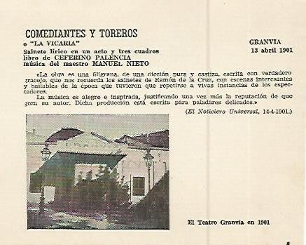 LAMINA 2499: Critica de Comediantes y Toreros. Gran Via 13 abril 1901