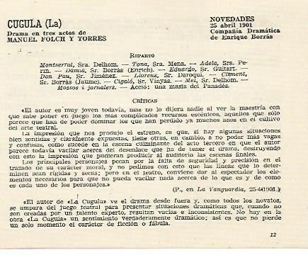 LAMINA 2503: Reparto y criticas de La Cugula. Novedades 25 abril 1901