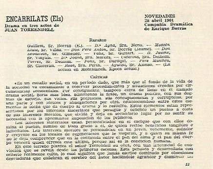 LAMINA 2504: Reparto y criticas de Els Encarrilats. Novedades 28 abril 1901
