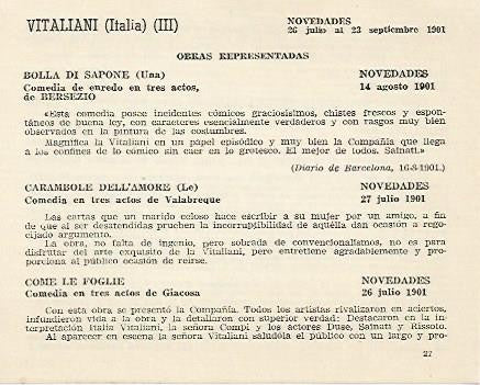 LAMINA 2518: Obras representadas por Italia Vitaliani en el Teatro Novedades. 1901