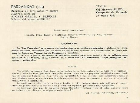 LAMINA 2530: Reparto argumento y criticas de Las Parrandas. Tivoli 28 mayo 1902