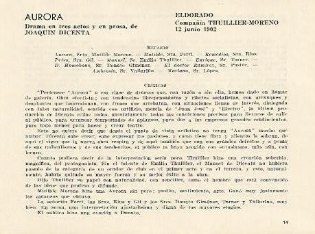 LAMINA 2538: Reparto y criticas de Aurora. El Dorado 12 junio 1902