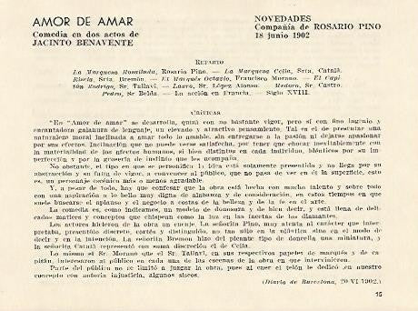 LAMINA 2539: Reparto y criticas de Amor De Amar. Novedades 18 junio 1902