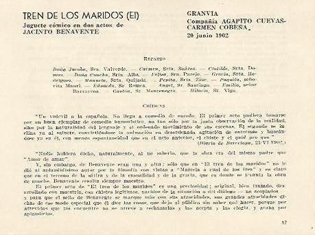 LAMINA 2541: Reparto y criticas de El Tren de los Maridos. Gran Via 20 junio 1902
