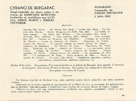 LAMINA 2548: Reparto y criticas de Cyrano de Bergerac. El Dorado 3 julio 1902
