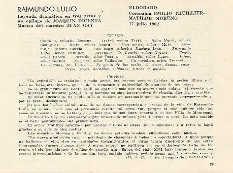 LAMINA 2553: Reparto y criticas de Raimundo Lulio. El Dorado 17 julio 1902