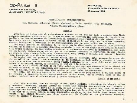 LAMINA 2560: Reparto y criticas de La Cizaña. Principal 15 marzo 1905