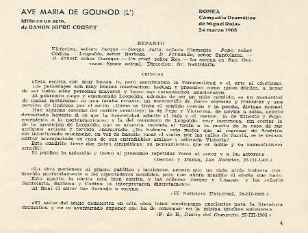 LAMINA 2561: Reparto y criticas de L Ave Maria de Gounod. Romea 24 marzo 1905