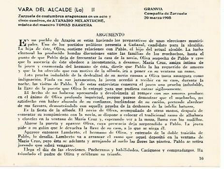 LAMINA 2567: Argumento de la zarzuela La Vara del Alcalde. Gran Via 20 marzo 1905
