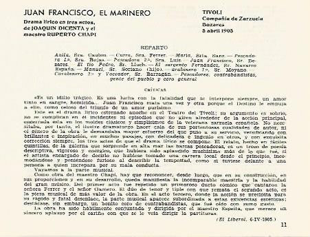 LAMINA 2568: Reparto y criticas de Juan Francisco el Marinero. Tivoli 5 abril 1905