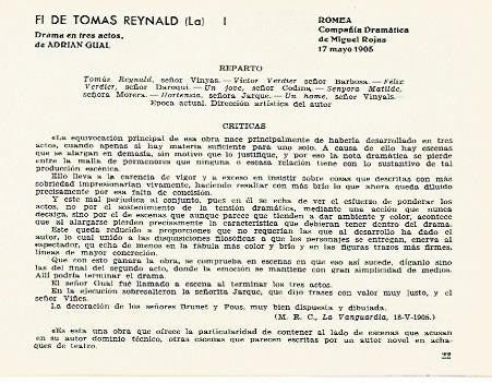 LAMINA 2579: Reparto y criticas de La Fi de Tomas Reynald. Romea 17 mayo 1905