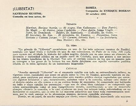 LAMINA 2595: Reparto argumento y criticas de Llibertat de Santiago Rusiñol. Romea 10 octubre 1901