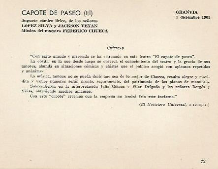 LAMINA 2602: Criticas de El Capote de Paseo. Gran Via 1 diciembre 1901