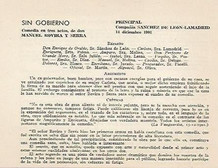 LAMINA 2609: Reparto argumento y criticas de Sin Gobierno. Principal 14 diciembre 1901