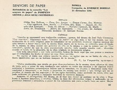 LAMINA 2610: Reparto y criticas de Senyors de Paper. Romea 14 diciembre 1901