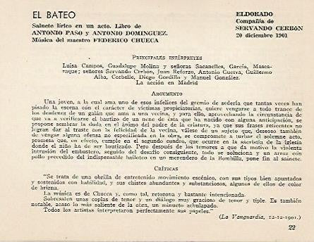 LAMINA 2611: Reparto argumento y criticas de El Bateo. El Dorado 20 diciembre 1901