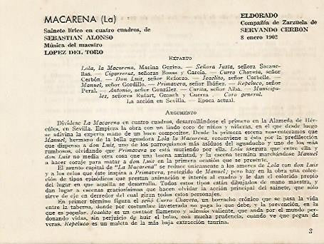 LAMINA 2624: Reparto y argumento de La Macarena. El Dorado 8 enero 1902