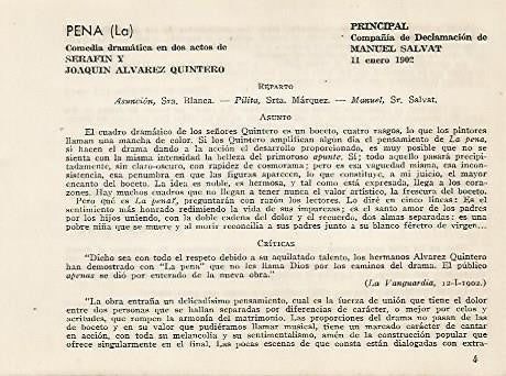 LAMINA 2625: Reparto argumento y criticas de La Pena. Principal 11 enero 1902