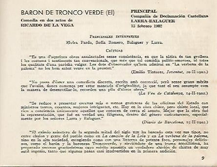 LAMINA 2629: Reparto y criticas de El Baron de Tronco Verde. Principal 13 febrero 1902