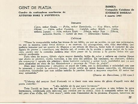 LAMINA 2631: Reparto y criticas de Gent de Platja. Romea 4 marzo 1902