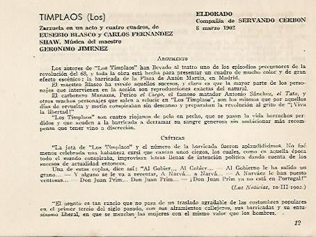 LAMINA 2632: Argumento y criticas de la zarzuela Los Timplaos. El Dorado 8 marzo 1902
