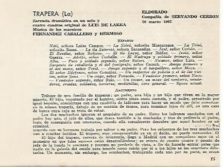 LAMINA 2635: Reparto y argumento de la zarzuela La Trapera. El Dorado 20 marzo 1902