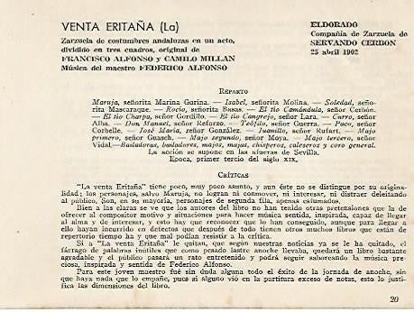 LAMINA 2640: Reparto y criticas de la zarzuela La Venta Eritaña. El Dorado 25 abril 1902