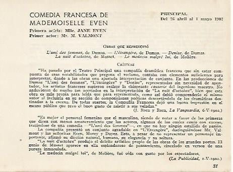 LAMINA 2651: Obras representadas por la Comedia Francesa de Mademoiselle Even. Principal