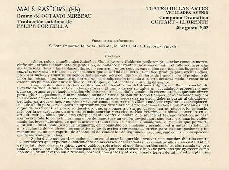 LAMINA 2654: Reparto y criticas de Els Mals Pastors. Teatro de las Artes 30 agosto 1902
