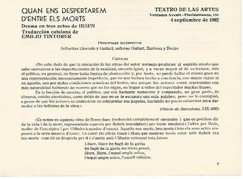 LAMINA 2655: Reparto y criticas de Quan ens despertem d entre els morts. Teatro de las Artes. 4 septiembre 1902