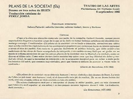 LAMINA 2656: Reparto y criticas de Els Pilans de la Societat. Teatro de las Artes 6 septiembre 1902
