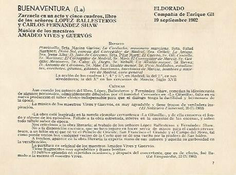LAMINA 2660: Reparto y criticas de La Buenaventura. El Dorado 19 septiembre 1902