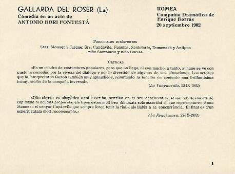 LAMINA 2661: Reparto y criticas de La Gallarda del Roser. Romea 20 septiembre 1902