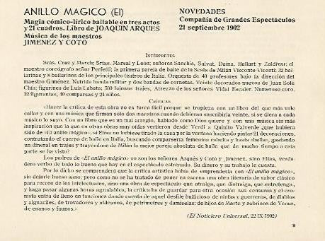 LAMINA 2662: Reparto y criticas de El Anillo Magico. Novedades 21 septiembre 1902