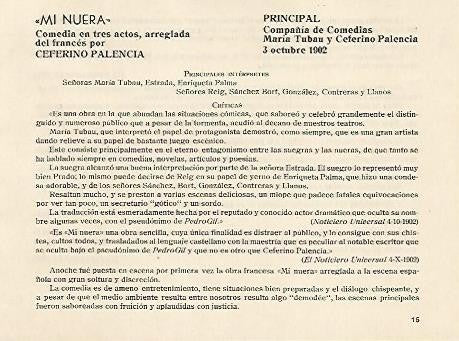 LAMINA 2668: Reparto y criticas de Mi Nuera. Principal 3 octubre 1902