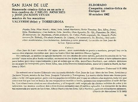 LAMINA 2669: Reparto y criticas de San Juan de Luz. El Dorado 10 octubre 1902