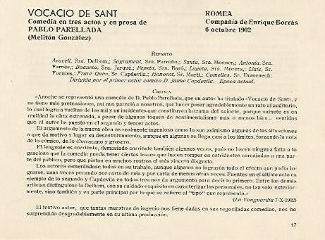 LAMINA 2670: Reparto y critica de Vocacio de Sant. Romea 6 octubre 1902