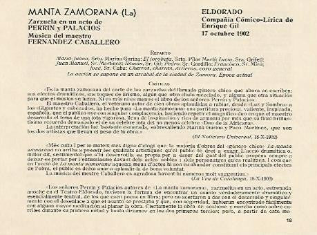 LAMINA 2671: Reparto y criticas de la zarzuela La Manta Zamorana. El Dorado 17 octubre 1901