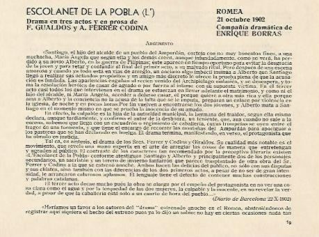 LAMINA 2672: Argumento de L Escolanet de la Pobla. Romea 21 octubre 1902