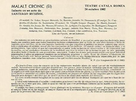 LAMINA 2675: Reparto y criticas de El Malalt Cronic de Santiago Rusiñol.