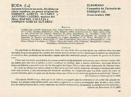 LAMINA 2681: Reparto y criticas de La Boda. El Dorado 14 noviembre 1902