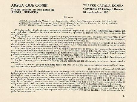 LAMINA 2682: Reparto y criticas de Aigua que Corre de Angel Guimera. Teatre Catala Romea 10 noviembre 1902