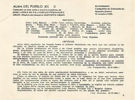 LAMINA 2692: Reparto y criticas de la zarzuela El Alma del Pueblo. El Dorado 21 octubre 1905