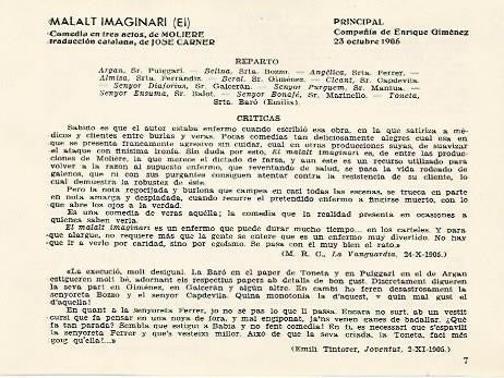 LAMINA 2693: Reparto y criticas de El Malalt Imaginari obra de Josep Carner. Principal 23 octubre 1905