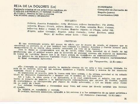 LAMINA 2700: Reparto y criticas de la zarzuela La Reja de los Dolores. El Dorado 11 noviembre 1905
