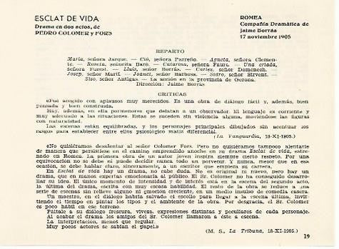 LAMINA 2705: Reparto y criticas de Esclat de Vida. Romea 17 noviembre 1905